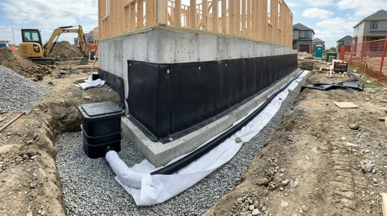 Instalace hydroizolace na základ novostavby se štěrkem.