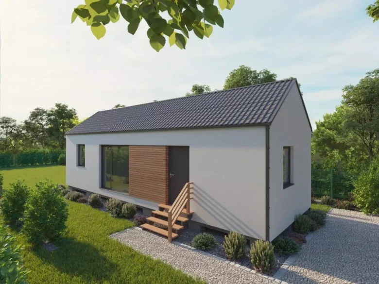 Moderní malý dům s dřevěným vchodem na pozadí zelené zahrady.