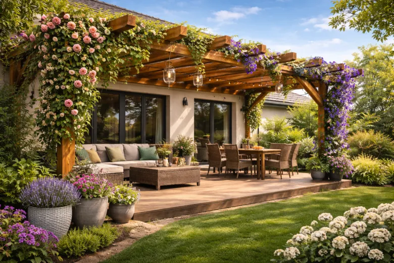 Hotová dřevěná pergola s kvetoucími rostlinami na zahradě.