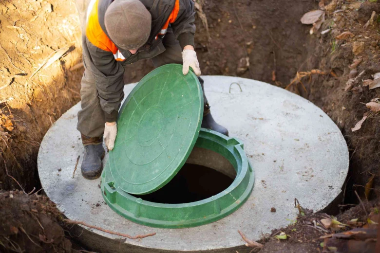 Pracovník kontroluje septik na pozemku po instalaci.