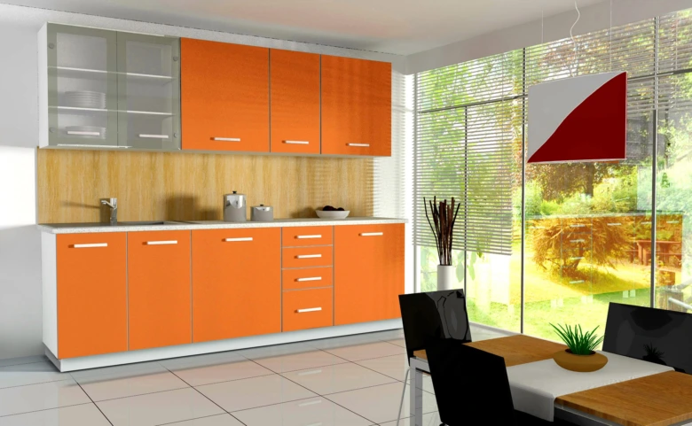 Moderní kuchyňská linka s oranžovými skříněmi a bílým horním řadou.