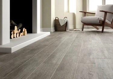 Large format tile flooring in living room interior