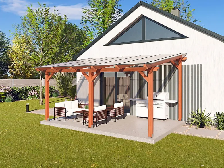Wooden garden pergola with seating and grill