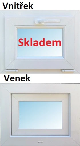 Bílé plastové okno z vnitřku a vnější strany s českými popisky.