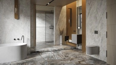 Moderní koupelna s mramorovými obklady a luxusním vybavením
