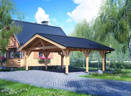 Přístřešek na dřevo připojený k dřevěnému domu.