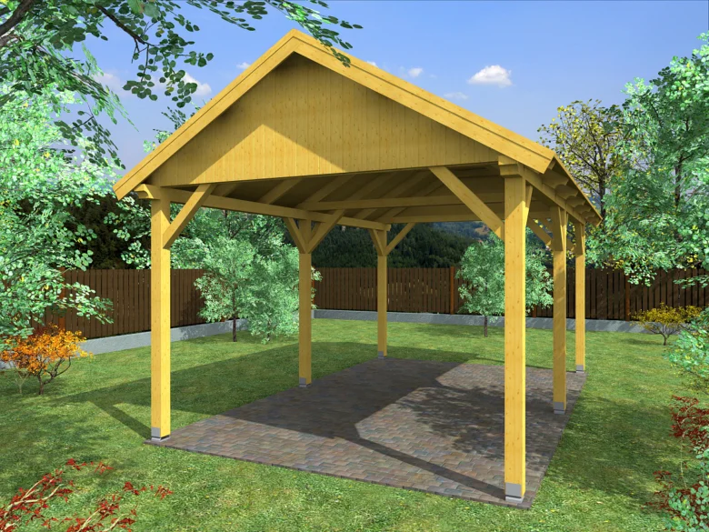 Žlutá dřevěná pergola na trávníku s okolní zelení.
