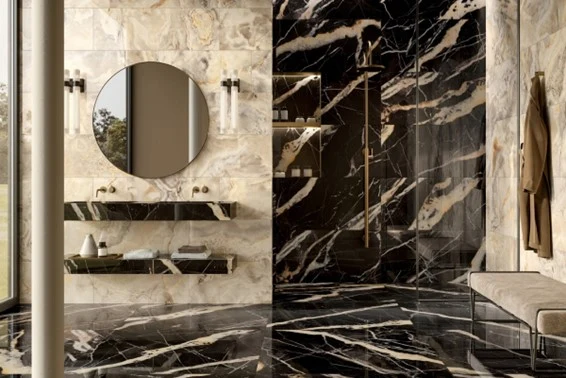 Large format marble tiles in bathroom interior
