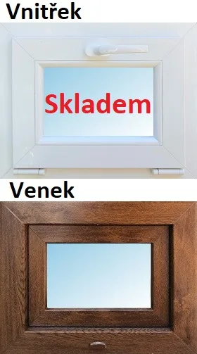 Bílý plastový rám vnitřku a dřevěný venek skladového okna.