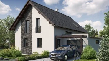 Moderní rodinný dům s kamennou fasádou a garáží na pozadí zeleně.