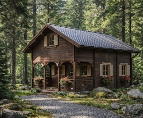 Wooden cabin in forest