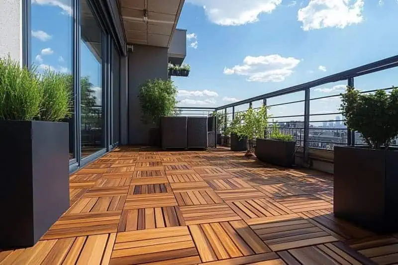 Moderní dřevěná podlaha na slunném městském balkóně s květinami.