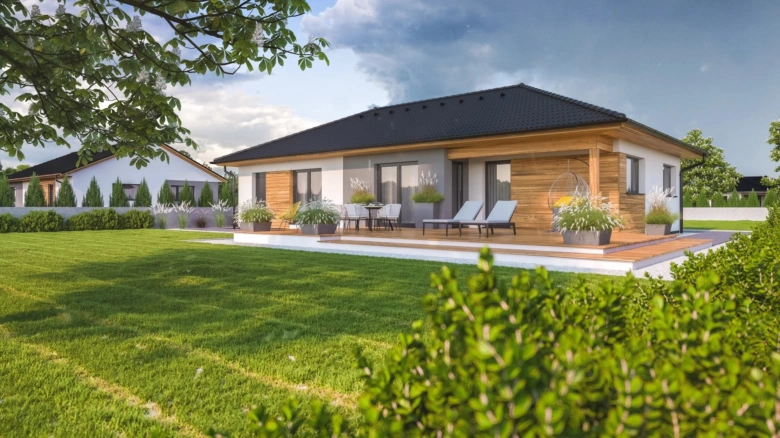 Moderní dřevěný bungalov s zahradou a terasou pro venkovní posezení.
