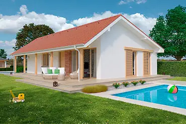 Moderní bílý bungalov s bazénem na zelené trávě.