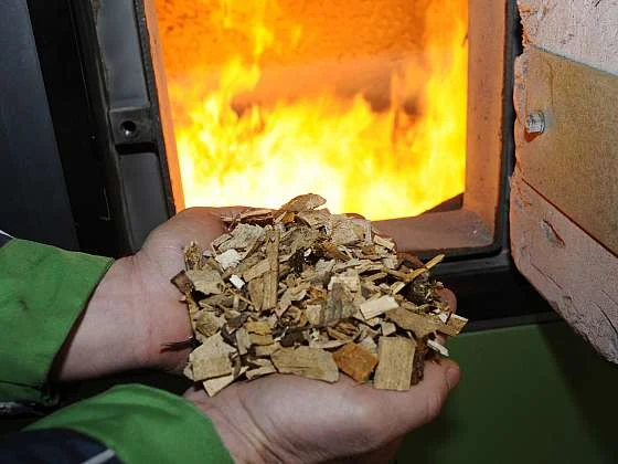 Ruce drží dřevěné štěpky před hořícím kamnem pro výrobu briket.