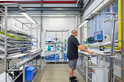 Muž pracuje na montážní lince elektrorozvaděčů v továrně.