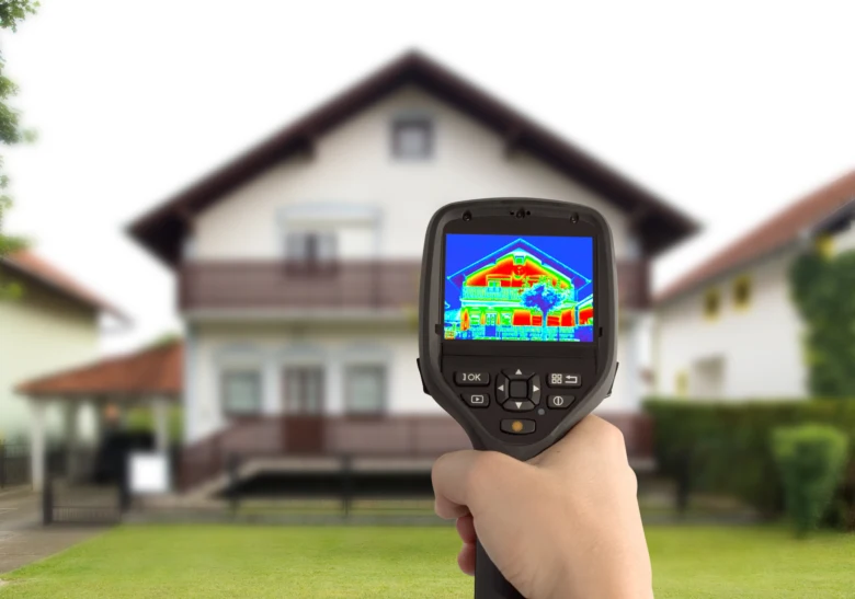Termokamera ukazuje tepelné ztráty v domě pro diagnostiku topení.