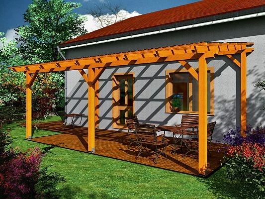 Dřevěná zahradní pergola s posezením u domu.