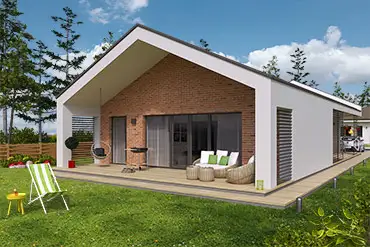 Moderní projekt bungalovu s velkým terasou a zahradním nábytkem.